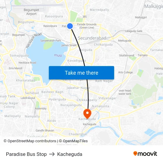 Paradise Bus Stop to Kacheguda map
