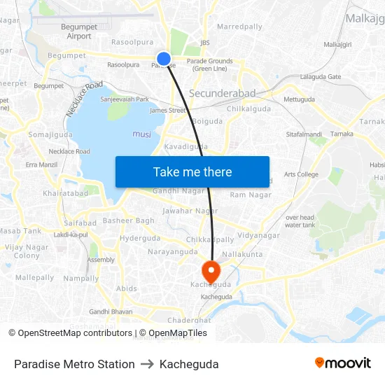 Paradise Metro Station to Kacheguda map