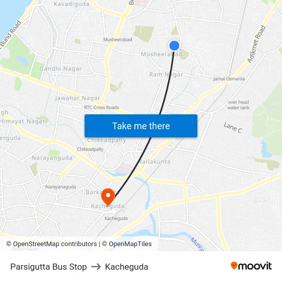 Parsigutta Bus Stop to Kacheguda map