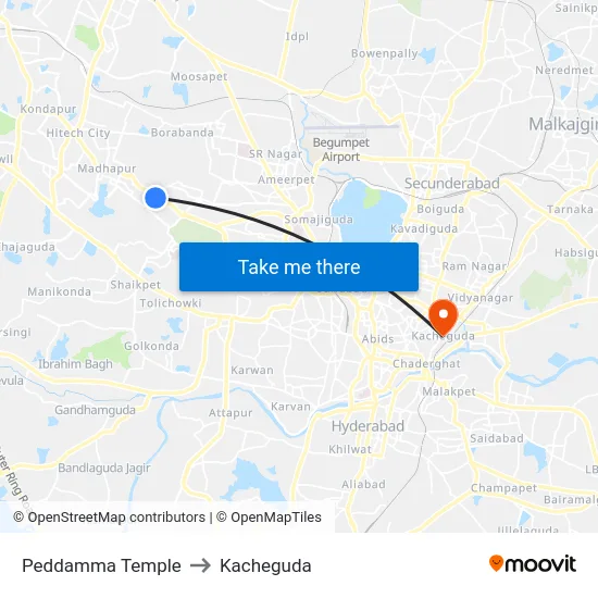 Peddamma Temple to Kacheguda map