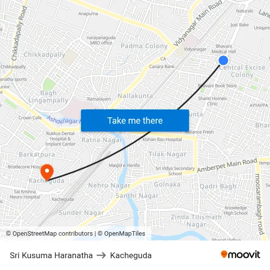 Sri Kusuma Haranatha to Kacheguda map