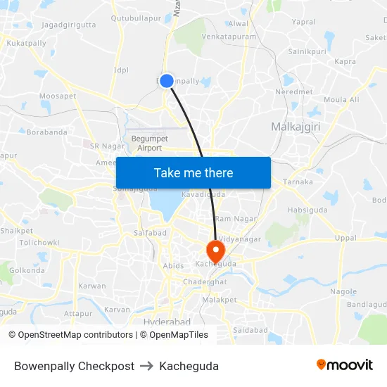 Bowenpally Checkpost to Kacheguda map