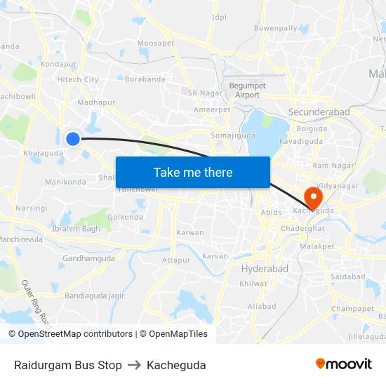Raidurgam Bus Stop to Kacheguda map