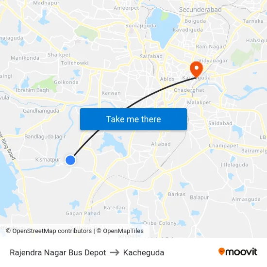 Rajendra Nagar Bus Depot to Kacheguda map