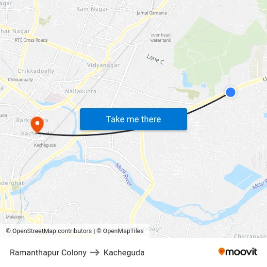 Ramanthapur Colony to Kacheguda map