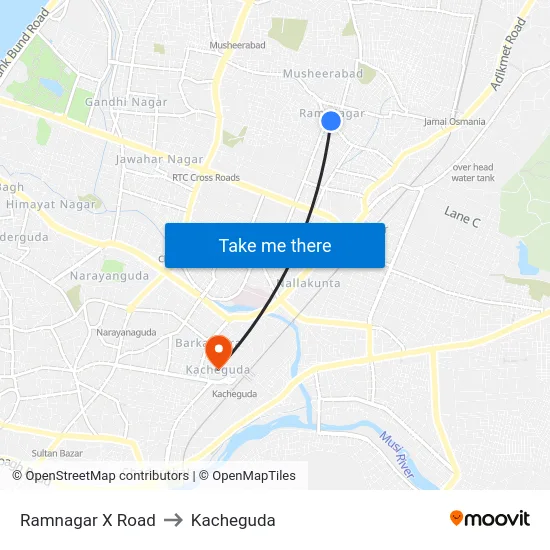 Ramnagar X Road to Kacheguda map