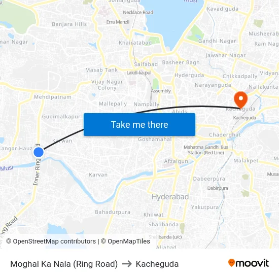 Moghal Ka Nala (Ring Road) to Kacheguda map