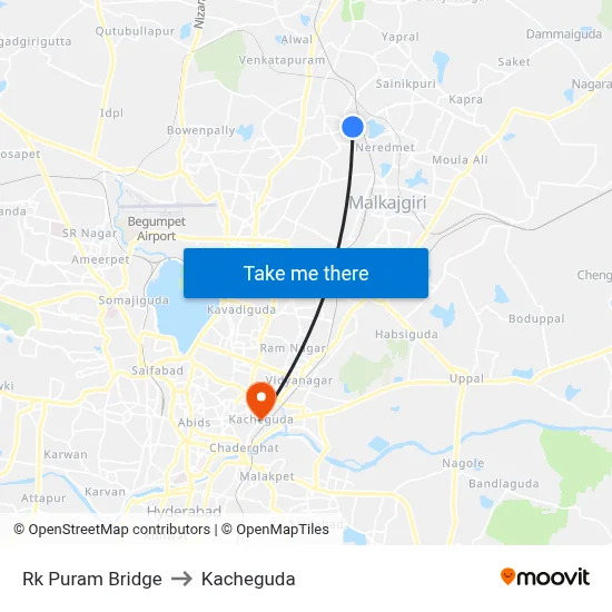 Rk Puram Bridge to Kacheguda map
