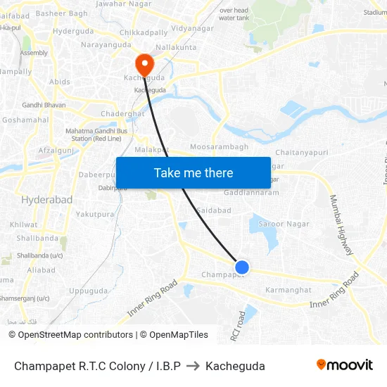 Champapet R.T.C Colony / I.B.P to Kacheguda map