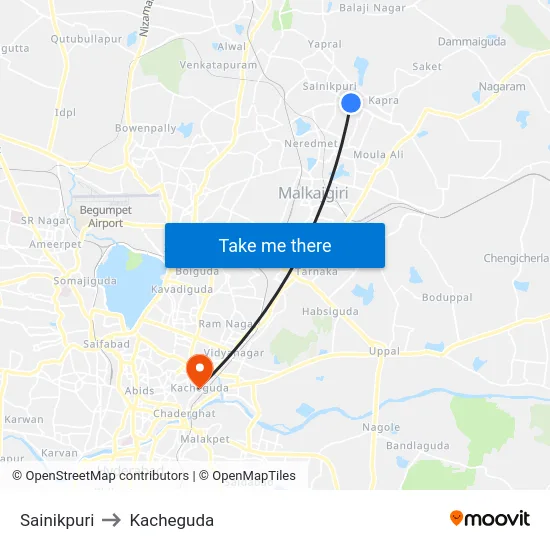 Sainikpuri to Kacheguda map