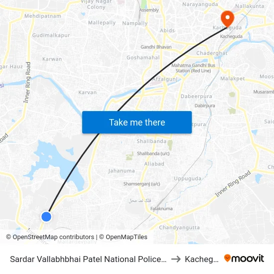 Sardar Vallabhbhai Patel National Police Academy to Kacheguda map