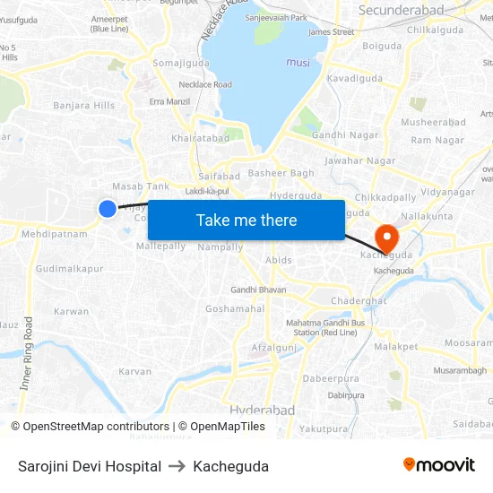 Sarojini Devi Hospital to Kacheguda map