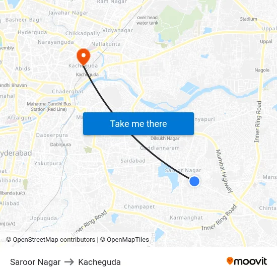 Saroor Nagar to Kacheguda map
