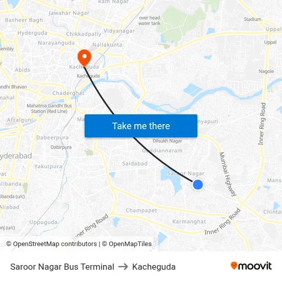 Saroor Nagar Bus Terminal to Kacheguda map