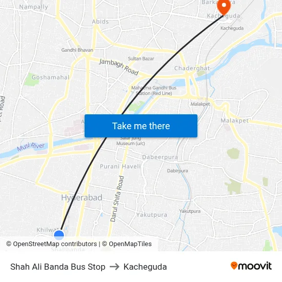 Shah Ali Banda Bus Stop to Kacheguda map