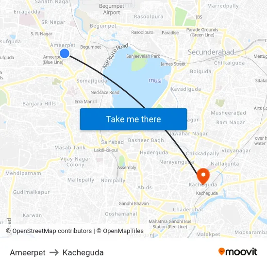 Ameerpet to Kacheguda map