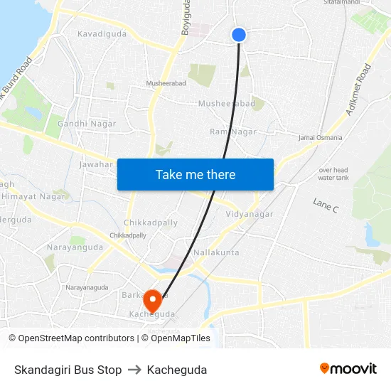 Skandagiri Bus Stop to Kacheguda map