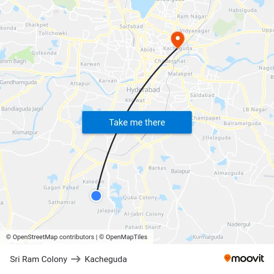 Sri Ram Colony to Kacheguda map