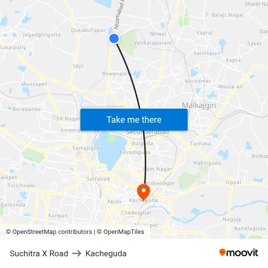 Suchitra X Road to Kacheguda map