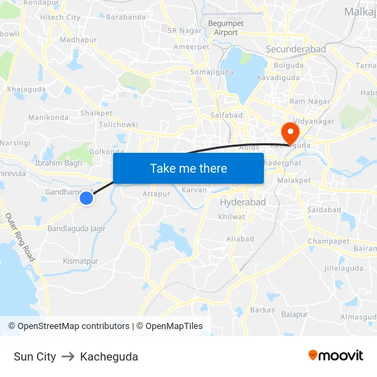 Sun City to Kacheguda map