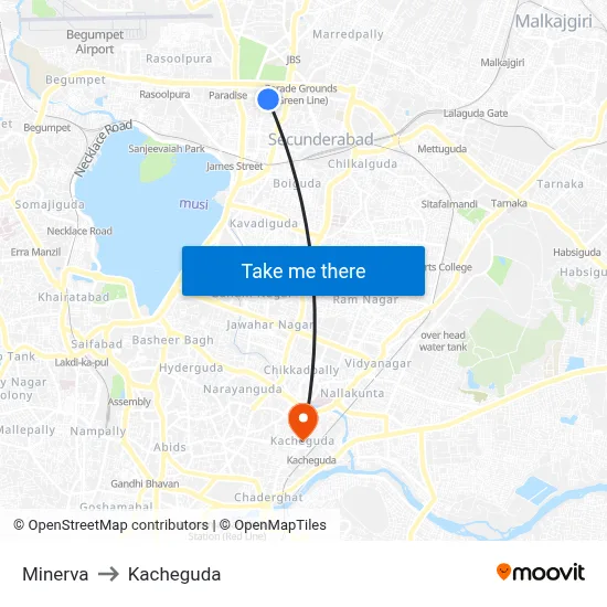 Minerva to Kacheguda map