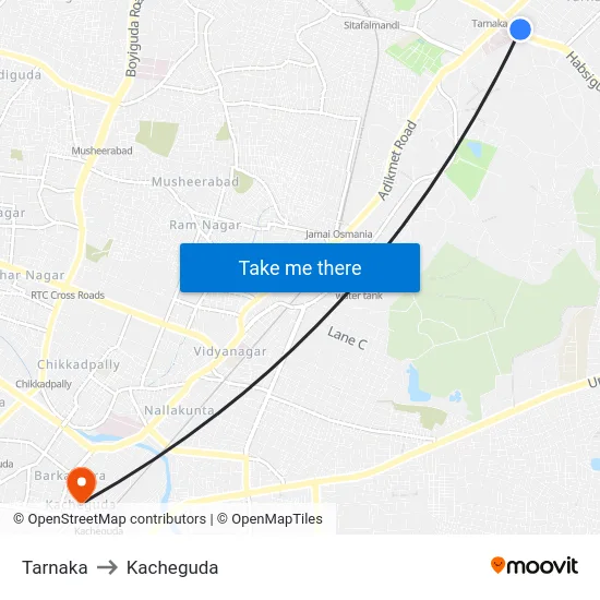 Tarnaka to Kacheguda map