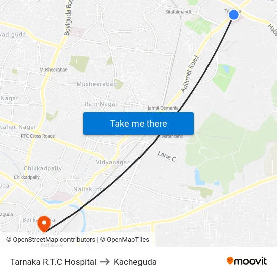 Tarnaka R.T.C Hospital to Kacheguda map