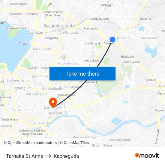 Tarnaka St.Anns to Kacheguda map