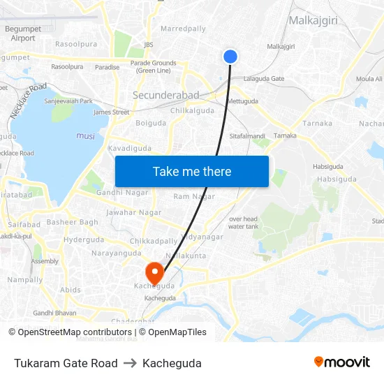 Tukaram Gate Road to Kacheguda map