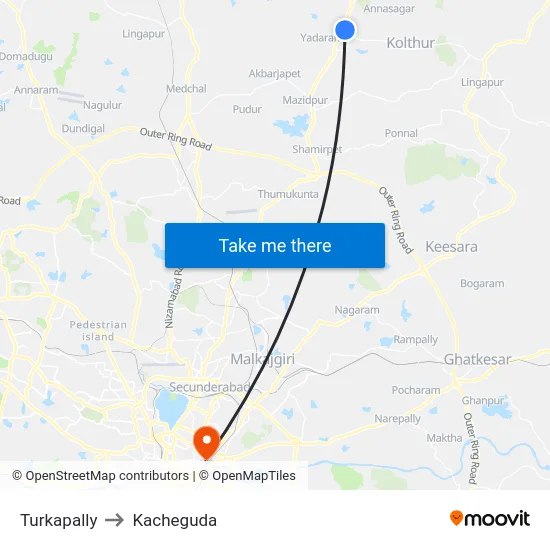 Turkapally to Kacheguda map