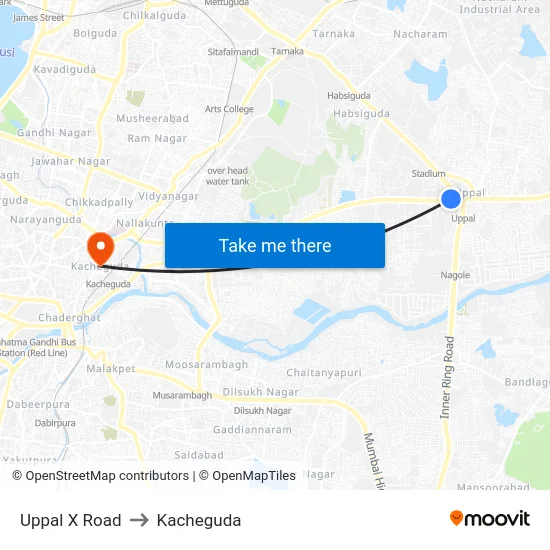 Uppal X Road to Kacheguda map