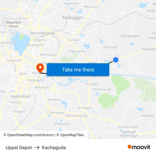 Uppal Depot to Kacheguda map