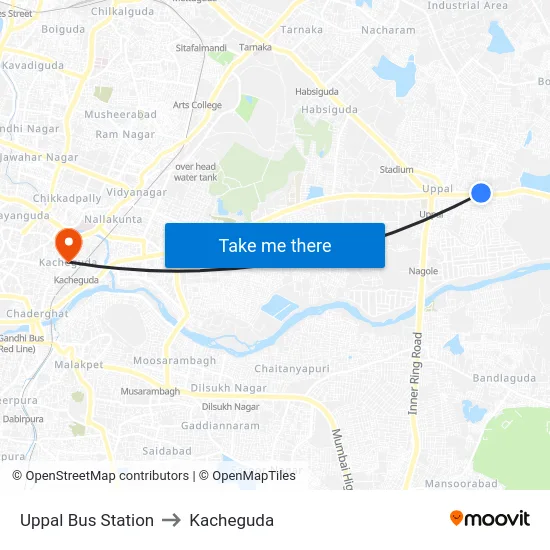 Uppal Bus Station to Kacheguda map
