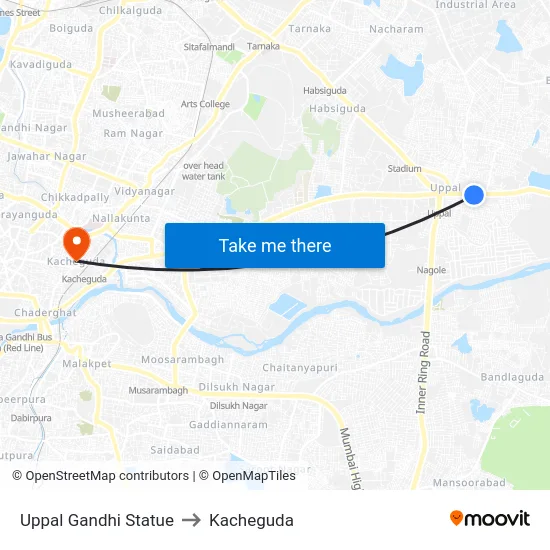 Uppal Gandhi Statue to Kacheguda map