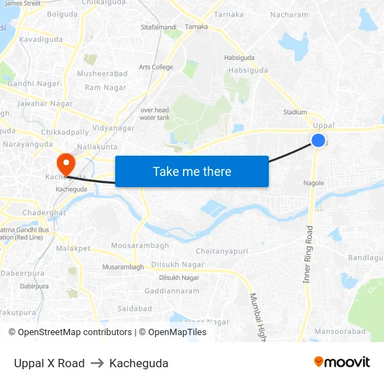 Uppal X Road to Kacheguda map