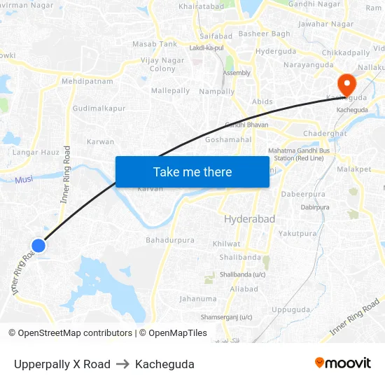 Upperpally X Road to Kacheguda map