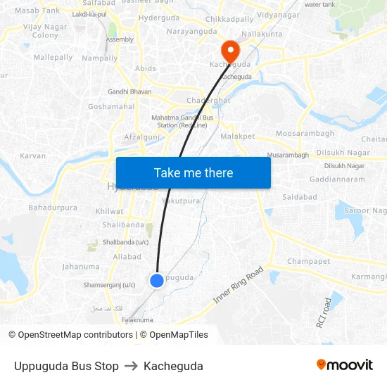 Uppuguda Bus Stop to Kacheguda map