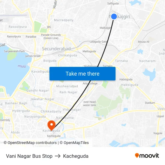 Vani Nagar Bus Stop to Kacheguda map