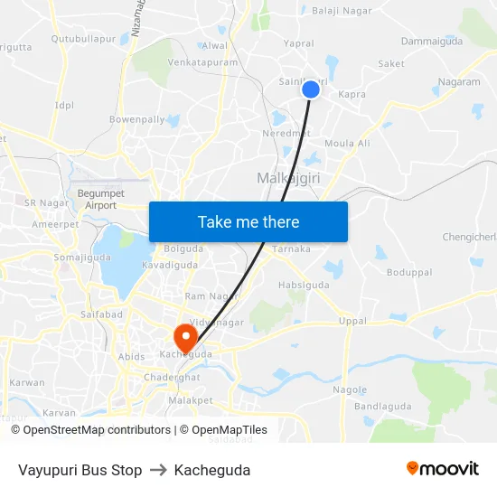 Vayupuri Bus Stop to Kacheguda map
