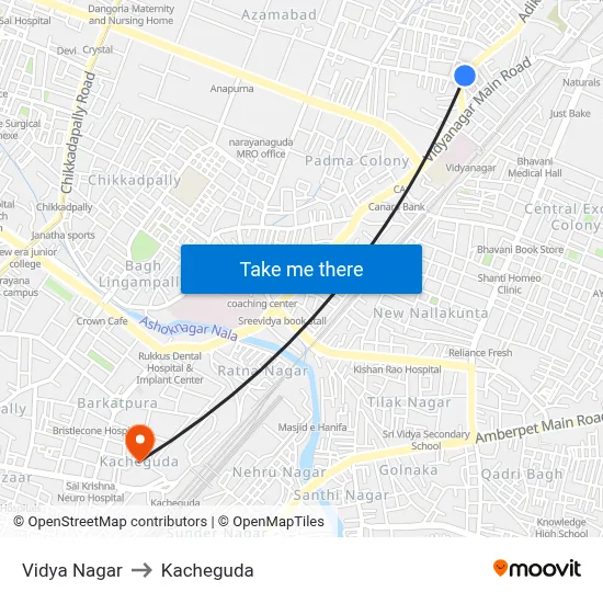 Vidya Nagar to Kacheguda map
