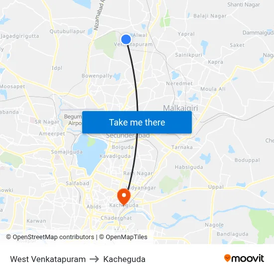 West Venkatapuram to Kacheguda map