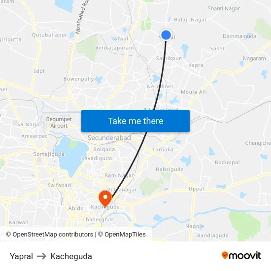 Yapral to Kacheguda map