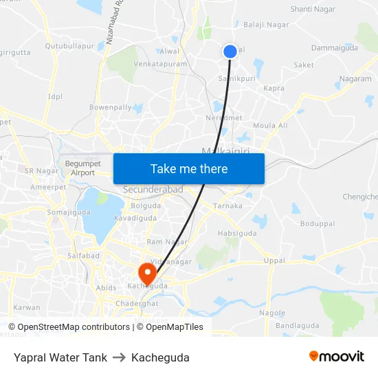 Yapral Water Tank to Kacheguda map