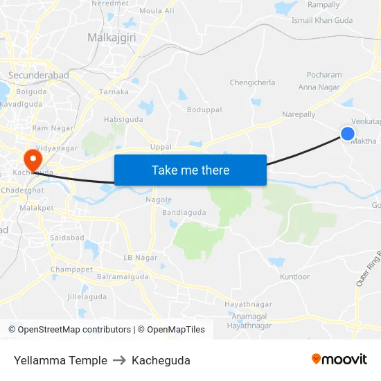 Yellamma Temple to Kacheguda map
