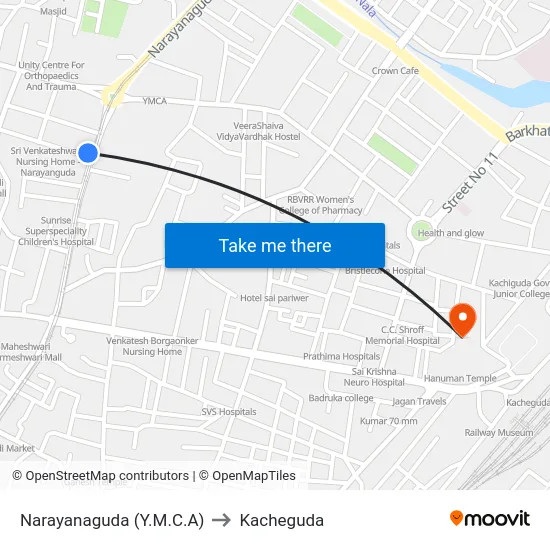 Narayanaguda (Y.M.C.A) to Kacheguda map