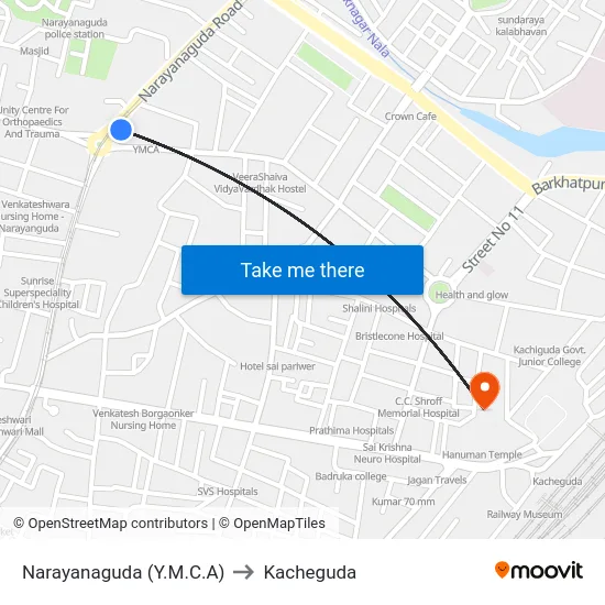 Narayanaguda (Y.M.C.A) to Kacheguda map