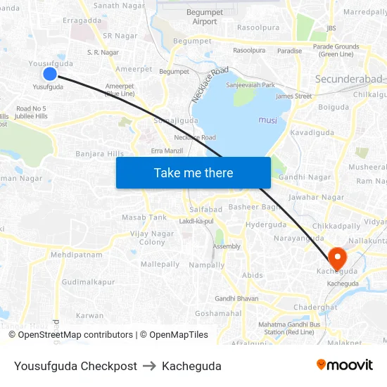 Yousufguda Checkpost to Kacheguda map