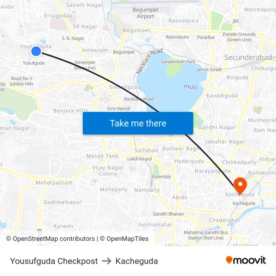 Yousufguda Checkpost to Kacheguda map