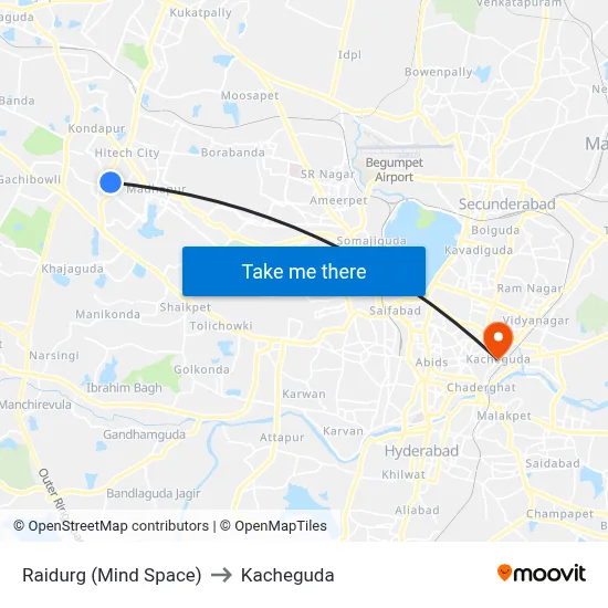 Raidurg (Mind Space) to Kacheguda map