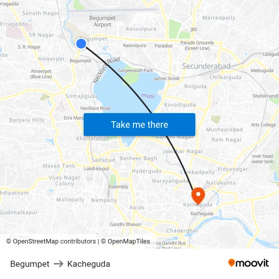 Begumpet to Kacheguda map